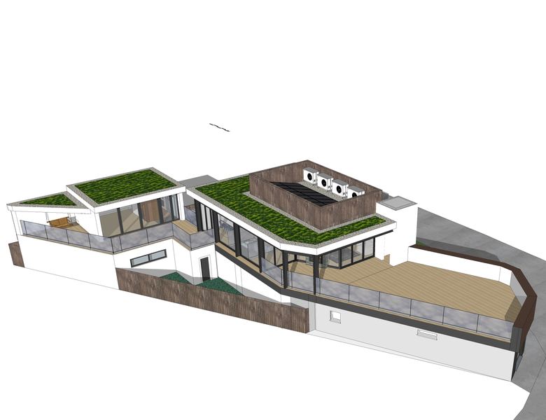 Aerial view showing the green roof terrace and site layout